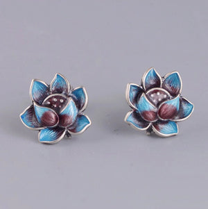 Natural Sterling Silver Lotus Flower Enamel Stud Earrings Boho Purple - Egret Jewellery