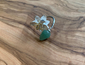 Sterling Silver Lotus Flower Jade Bud Leaf Lily Branch Wrap Ring - Egret Jewellery