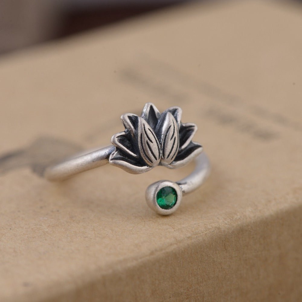 Sterling Silver Lotus Flower Adjustable Wrap Lily Leaf Ring - Egret Jewellery