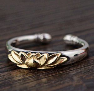 925 Sterling Silver Lotus Flower Gold Adjustable Stacking Ring - Egret Jewellery