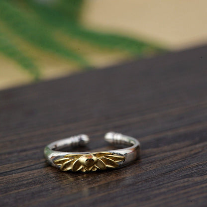 925 Sterling Silver Lotus Flower Gold Adjustable Stacking Ring - Egret Jewellery