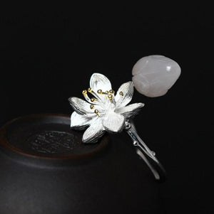 Sterling Silver Lotus Flower Rose Quartz Branch Bud Wrap Ring - Egret Jewellery