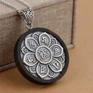 Sterling Silver Lotus Flower Wooden Pendant Necklace Six True Words Mantra 18" - Egret Jewellery