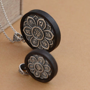 Sterling Silver Lotus Flower Wooden Pendant Necklace Six True Words Mantra 18" - Egret Jewellery