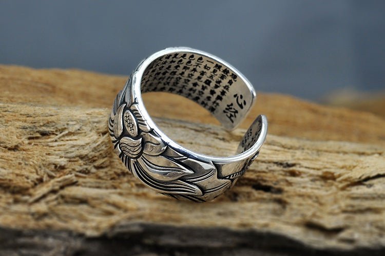 925 Sterling Silver Engraved Sutra Buddhist Mantra Lotus Ring - Egret Jewellery