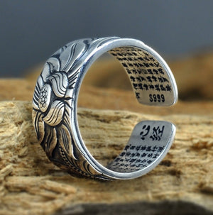 925 Sterling Silver Engraved Sutra Buddhist Mantra Lotus Ring - Egret Jewellery
