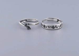 925 Sterling Silver Double Leaf | Mountain Spinning Ring 2pcs Engraved Nature - Egret Jewellery