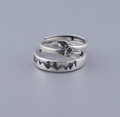925 Sterling Silver Double Leaf | Mountain Spinning Ring 2pcs Engraved Nature - Egret Jewellery
