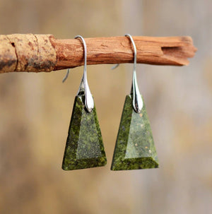 Sterling Silver Natural Green Jasper Triangle Dangle Earrings - Egret Jewellery