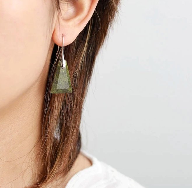 Sterling Silver Natural Green Jasper Triangle Dangle Earrings - Egret Jewellery