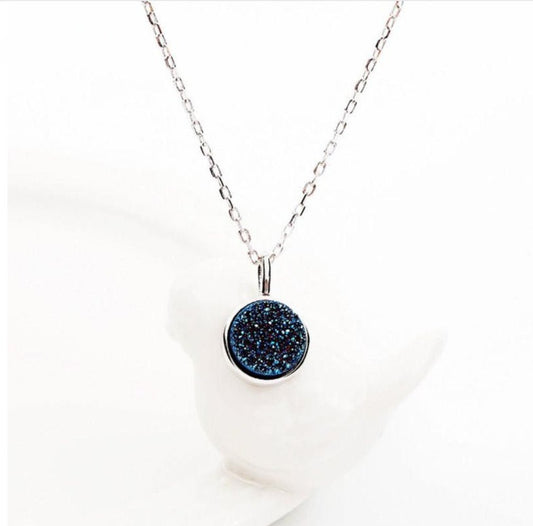 Sterling Silver Navy Blue Round Druzy Necklace - Egret Jewellery