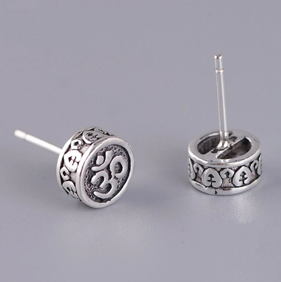Solid 925 Sterling Silver OM Delicate Round Stud Earrings - Egret Jewellery