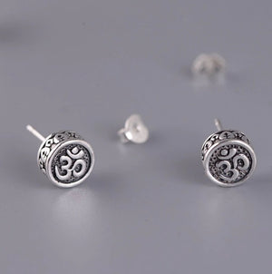 Solid 925 Sterling Silver OM Delicate Round Stud Earrings - Egret Jewellery