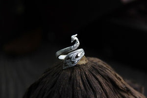 925 Sterling Silver Peacock Bird Ring Adjustable Leaf Statement - Egret Jewellery