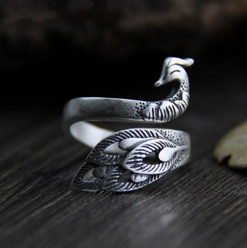 925 Sterling Silver Peacock Bird Ring Adjustable Leaf Statement - Egret Jewellery