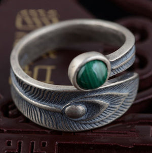 925 Sterling Silver Peacock Feather Ring Adjustable Leaf Malachite - Egret Jewellery