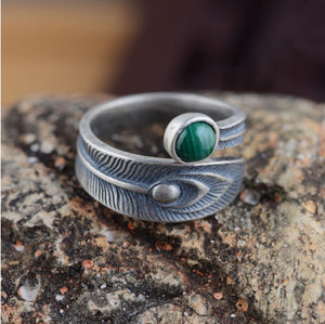 925 Sterling Silver Peacock Feather Ring Adjustable Leaf Malachite - Egret Jewellery