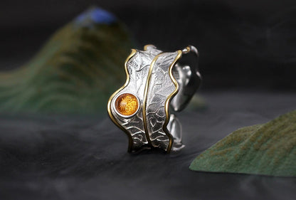 925 Sterling Silver Adjustable Peridot Stone Leaf Ring - Egret Jewellery