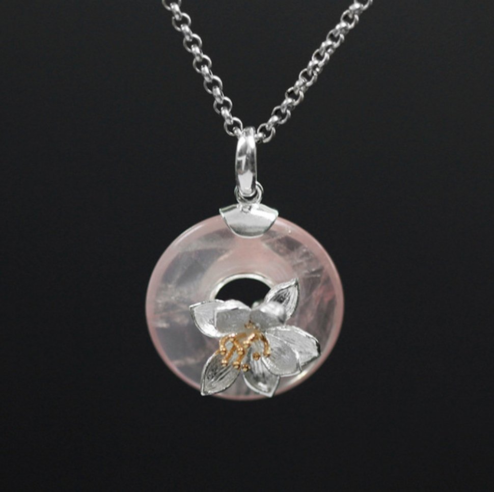 Sterling Silver Natural Rose Quartz Lotus Flower Gemstone Necklace Flowers - Egret Jewellery