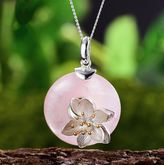 Sterling Silver Natural Rose Quartz Lotus Flower Gemstone Necklace Flowers - Egret Jewellery