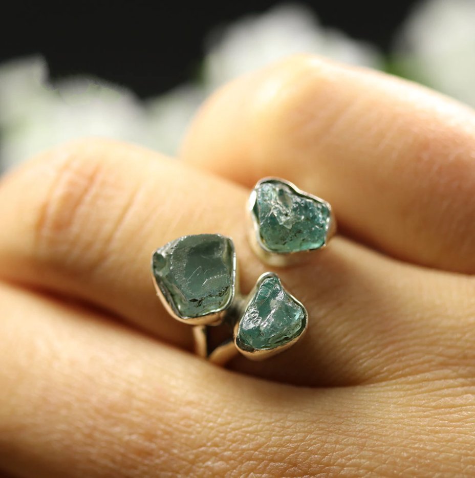 925 Sterling Silver Rough Aquamarine Gemstone Ring Green Stone Size L-T - Egret Jewellery