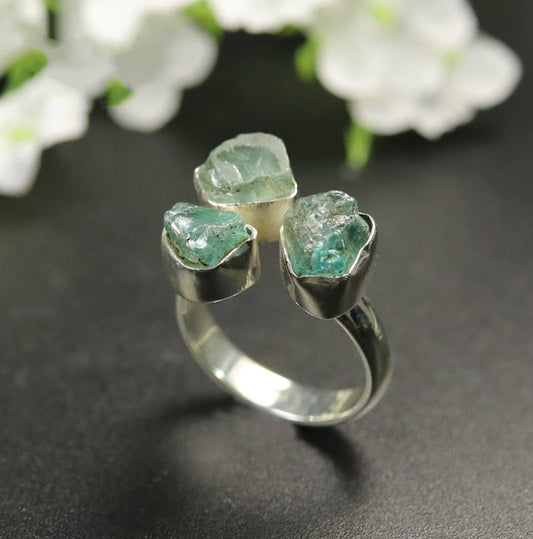 925 Sterling Silver Rough Aquamarine Gemstone Ring Green Stone Size L-T - Egret Jewellery