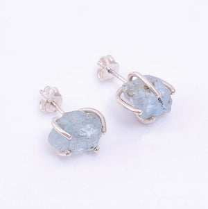 Sterling Silver Natural Rough Aquamarine Stud Earrings Stone Pale Blue - Egret Jewellery