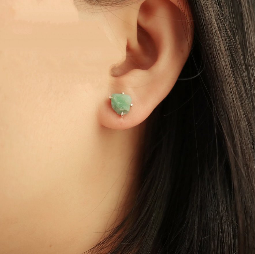 Sterling Silver Natural Rough Emerald Stud Earrings - Egret Jewellery