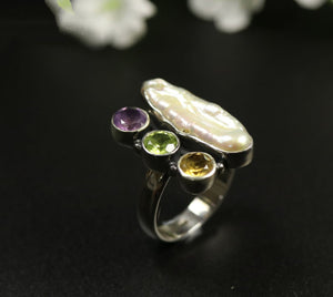 Natural Gemstone Sterling Silver Rough Garnet | Amethyst | Pearl Ring Size M 7 - Egret Jewellery