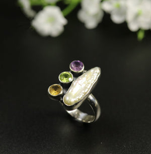 Natural Gemstone Sterling Silver Rough Garnet | Amethyst | Pearl Ring Size M 7 - Egret Jewellery