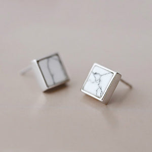 Sterling Silver Square White Howlite Art Deco Geometric Stud Earrings - Egret Jewellery