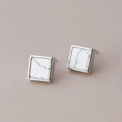 Sterling Silver Square White Howlite Art Deco Geometric Stud Earrings - Egret Jewellery