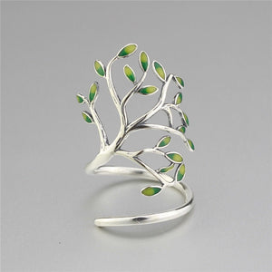 Sterling Silver 925 Tree of Life Branch Leaf Enamel Wrap Adjustable Ring - Egret Jewellery