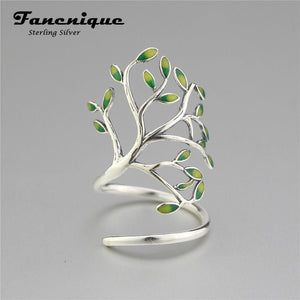 Sterling Silver 925 Tree of Life Branch Leaf Enamel Wrap Adjustable Ring - Egret Jewellery