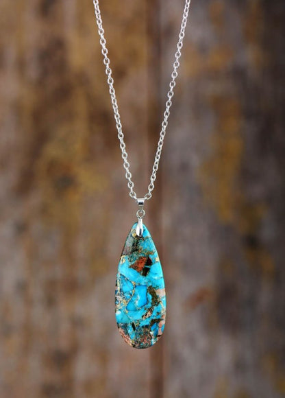 Sterling Silver Natural Turquoise Pendant Blue Geode Necklace Gold Inlaid - Egret Jewellery