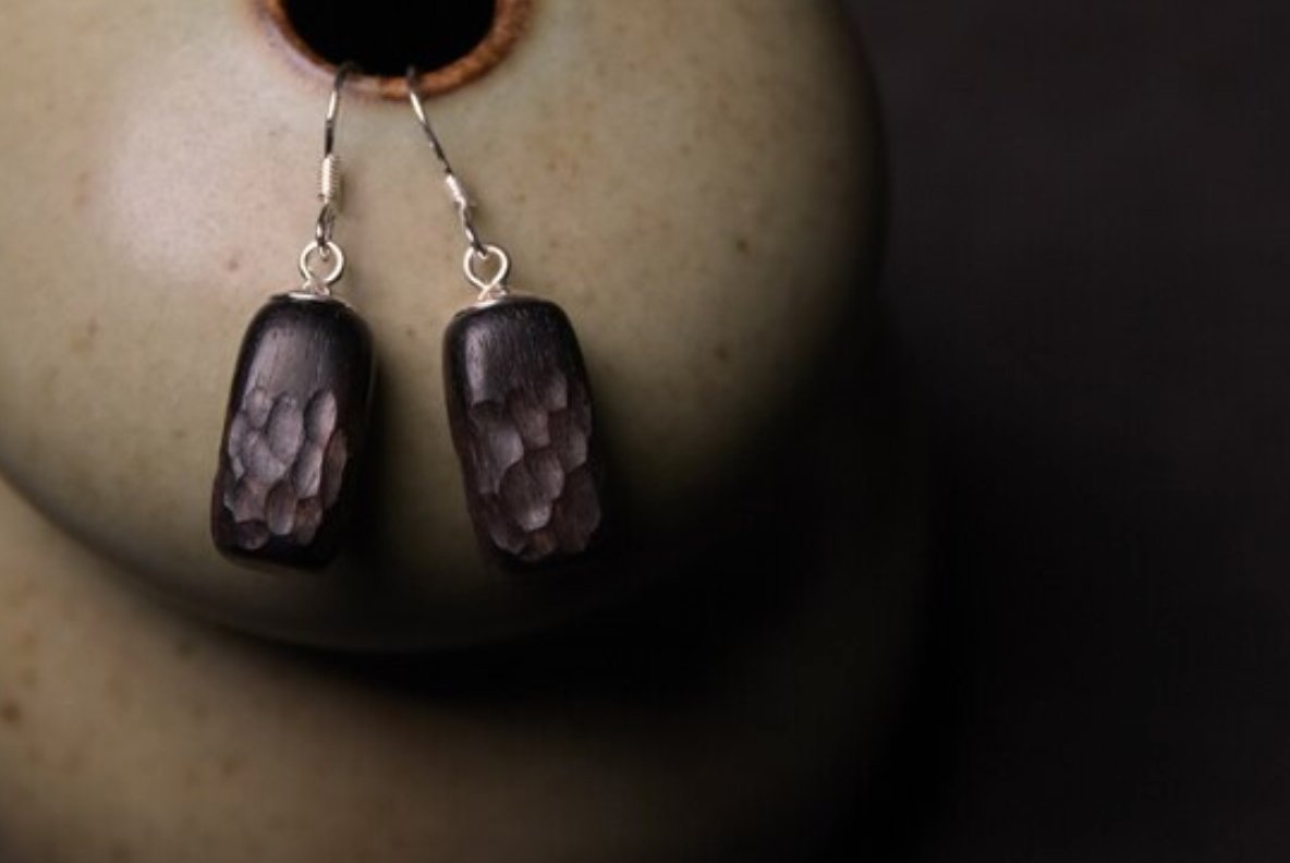 Natural Wooden Ebony Sterling Silver Dangle Drop Rectangle Earrings Wood - Egret Jewellery
