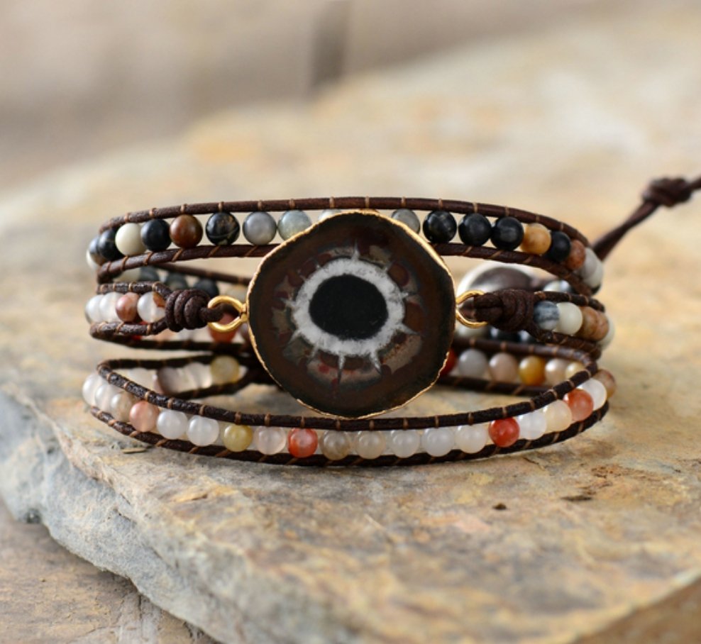 Sun Jasper Beaded Gemstone Druzy Geode Wrap Bracelet - Egret Jewellery