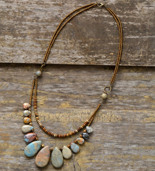 Natural Stone Teardrop Beaded Agate, Jasper Boho Layered Necklace - Egret Jewellery