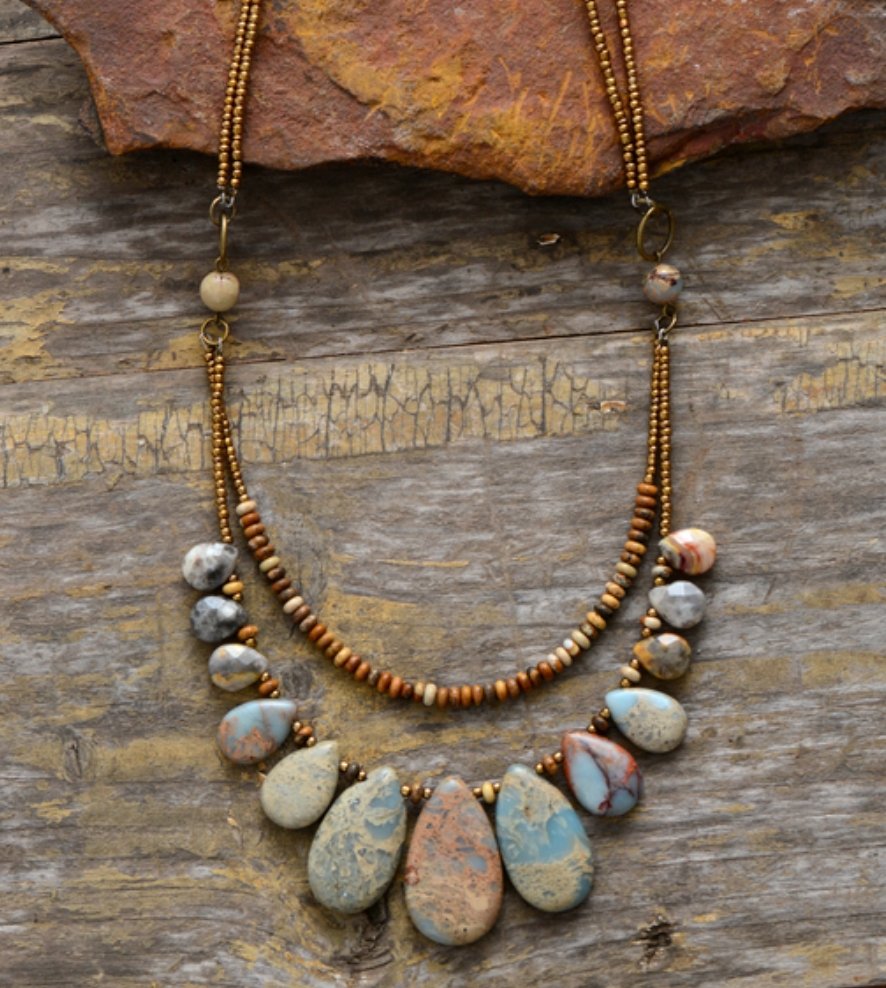 Natural Stone Teardrop Beaded Agate, Jasper Boho Layered Necklace - Egret Jewellery