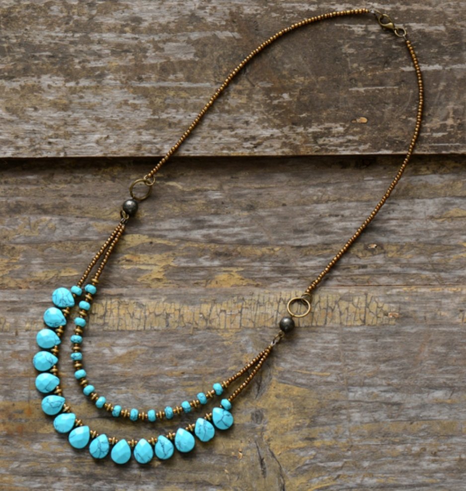 Stone Teardrop Beaded Turquoise & Agate Boho Layered Chakra Necklace - Egret Jewellery