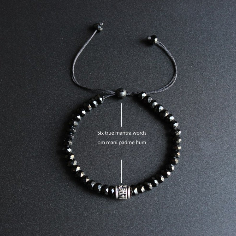 Tibetan Buddhist Black Agate Stacking Mantra Bracelet - Egret Jewellery