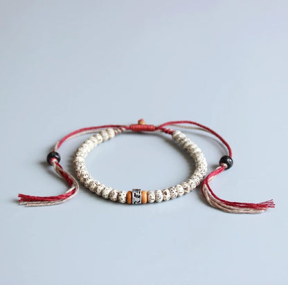 Tibetan Buddhist Lucky knots Bodhi Seed bracelet Men's Stacking OM Mantra White - Egret Jewellery