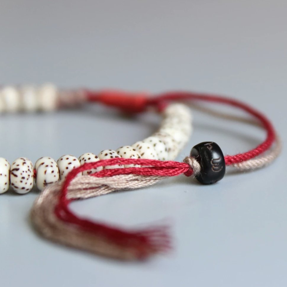 Tibetan Buddhist Lucky knots Bodhi Seed bracelet Men's Stacking OM Mantra White - Egret Jewellery