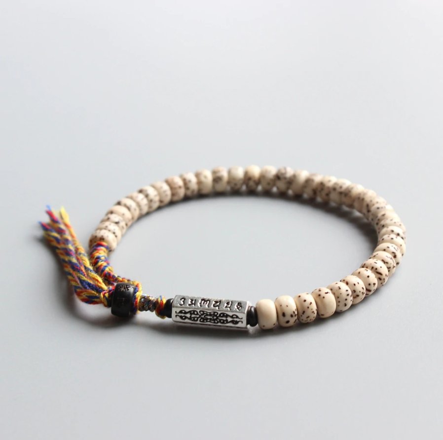 Tibetan Buddhist Lucky knots Bodhi Seed bracelet Men's Stacking Mantra White - Egret Jewellery