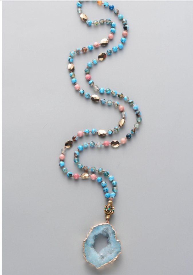 Tibetan Dzi Agate Beaded Mala Turquoise Geode Necklace - Egret Jewellery
