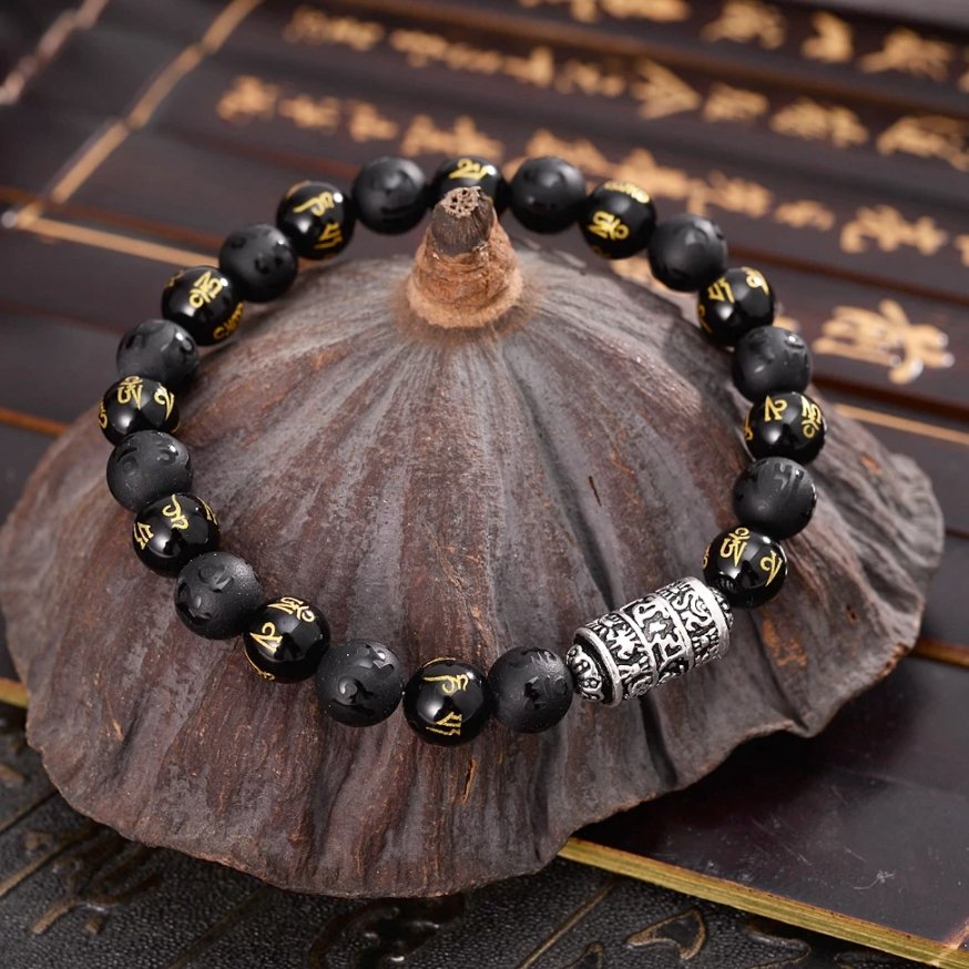 Men's Beaded Tibetan Silver & Onyx OM Mantra Inscribed Elastic stacking Bracelet - Egret Jewellery