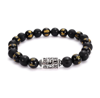 Men's Beaded Tibetan Silver & Onyx OM Mantra Inscribed Elastic stacking Bracelet - Egret Jewellery