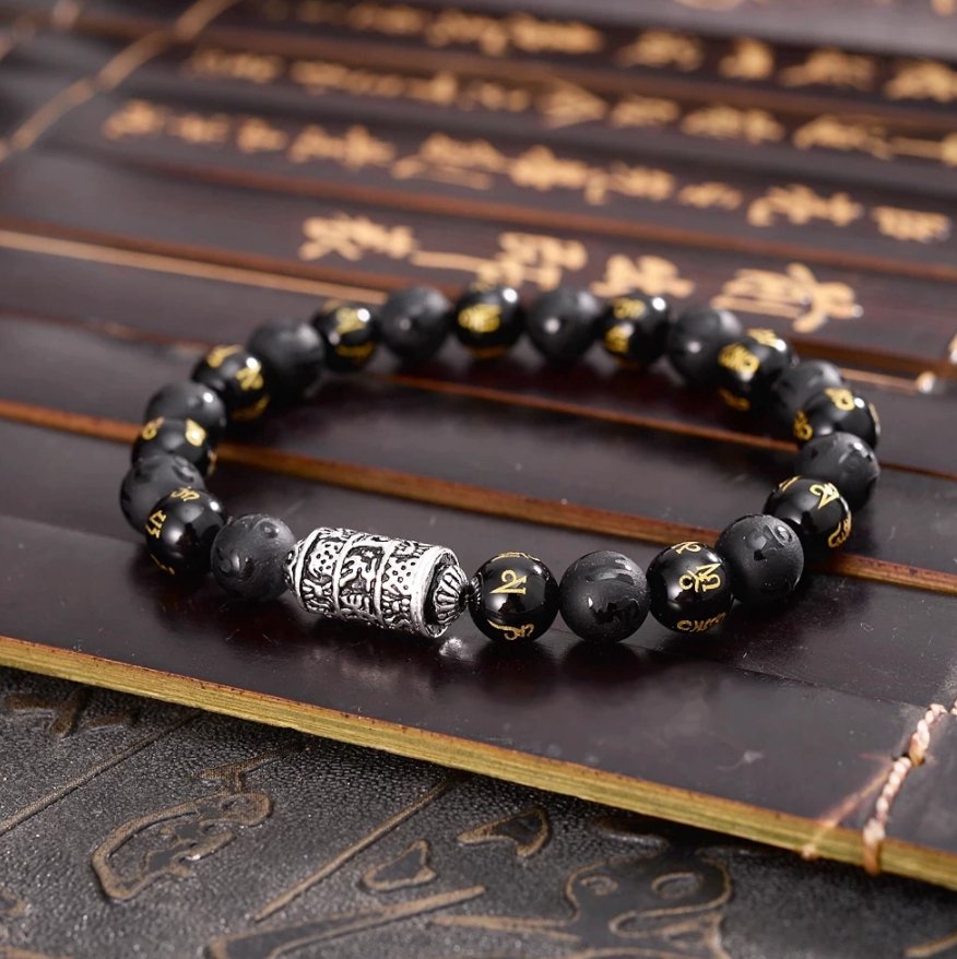 Men's Beaded Tibetan Silver & Onyx OM Mantra Inscribed Elastic stacking Bracelet - Egret Jewellery