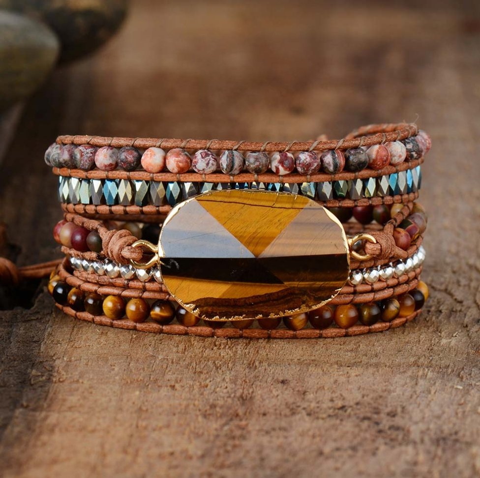 Natural Tiger's Eye Geode Gemstone Cuff Wrap Bracelet - Egret Jewellery
