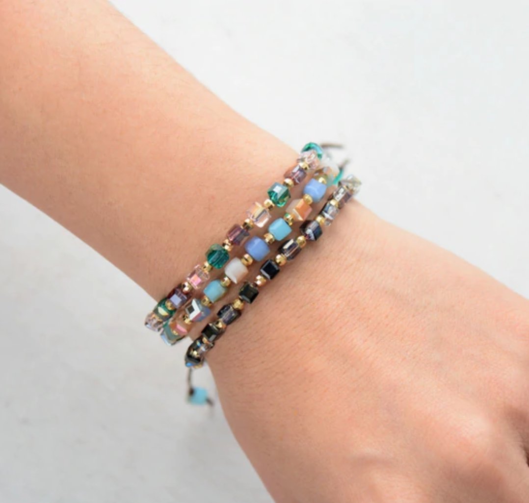 Crystal Square Beaded Friendship Bracelet, Tila Beads Gold Cord Stacking - Egret Jewellery
